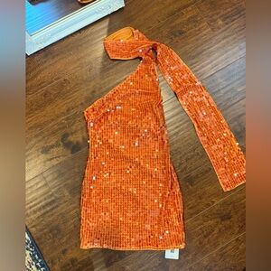 SHEIN Orange Sequin One-Shoulder Dress